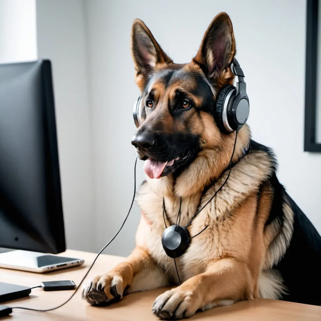 Prompt: german shepherd dog listening to music on headphones. sitting at a desk