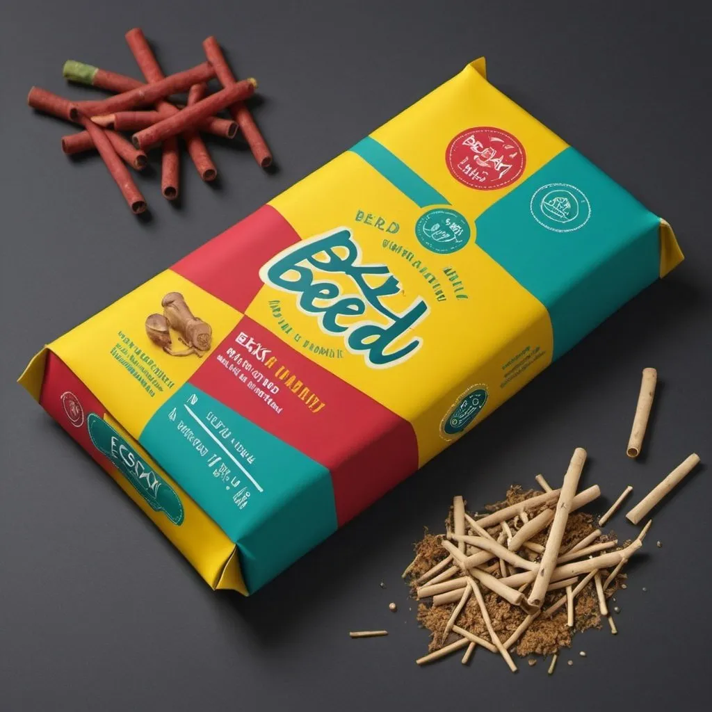 Prompt: Make a packaging mock up for ESKAY beedi in colour yellow red and teal with a modern touch