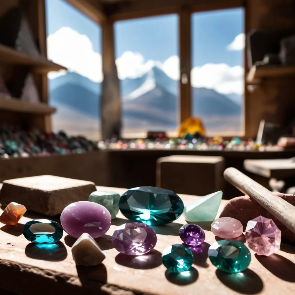 Prompt: Gemstones in workshop with mountains