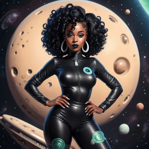Prompt: A pinup black girl, alien bae style, with a space outfit, curly black girl hair, full body image, no space logo the outfit