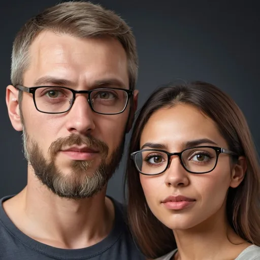 Prompt: Realistic portrait of a tall Slavic man with a beard and a short Latina woman with glasses, detailed facial features, natural skin tones, lifelike expressions, high-quality, realism, detailed beard, glasses, professional, natural lighting