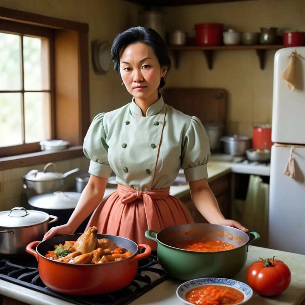 Prompt: Ahí estaba ma, trajinando en la cocina corno todas las tardes a esa hora. Podía imaginarla desde mi cuarto con su ligera bata de casa, con su cara de cuarentona marchitada, detrás del Sazón Completo, o el puré de tomate, donde inventaba un sofrito al pollo que ya olía bien y quedaría magnífico. 
