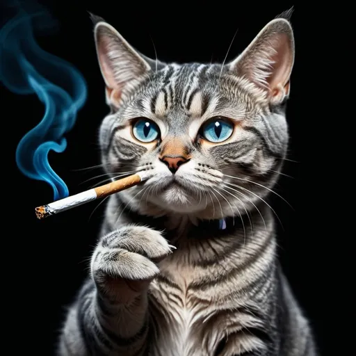 Prompt: Blue tabby cartoon Cat smoking a joint, dark room, professional photography