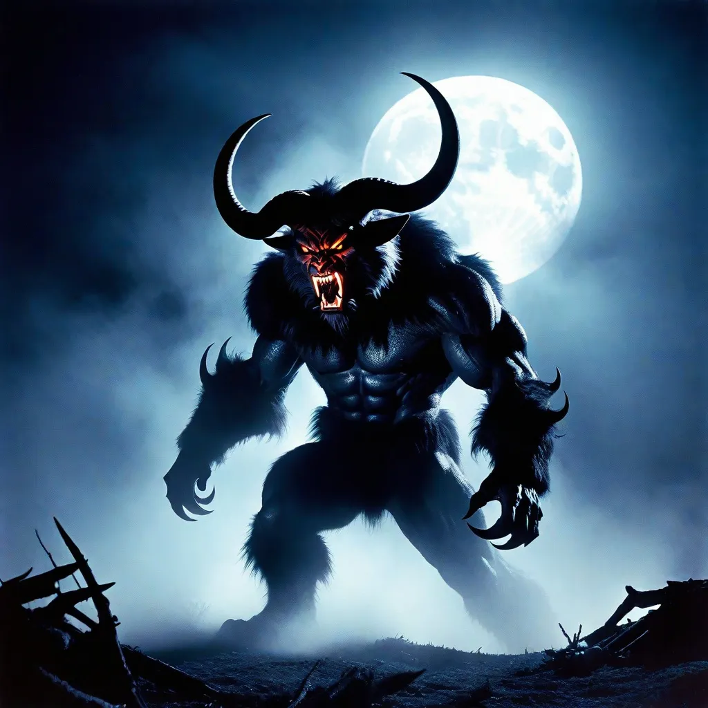 Prompt: Foggy night scene of a demonic creature, horns and razor-sharp fangs, about eight feet tall, fighting members of the USAF Security Police, under the eerie glow of a full moon, vintage 1980s, gunfire, high-stakes battle, intimidating, menacing, detailed fur, intense eyes, dramatic lighting, highres, action-packed, atmospheric, vintage military, monstrous creature, intense combat, foggy night, full moon