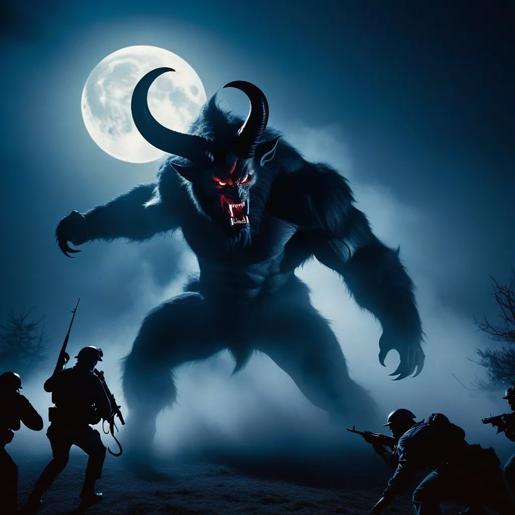 Prompt: Foggy night scene of a demonic creature, horns and razor-sharp fangs, about eight feet tall, fighting members of the USAF Security Police, under the eerie glow of a full moon, vintage 1980s, gunfire, high-stakes battle, intimidating, menacing, detailed fur, intense eyes, dramatic lighting, highres, action-packed, atmospheric, vintage military, monstrous creature, intense combat, foggy night, full moon