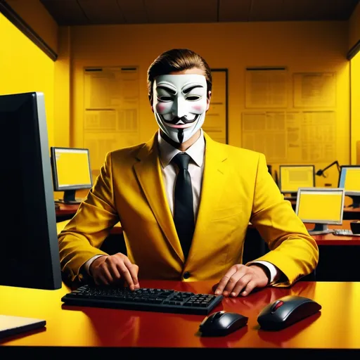 Prompt: Anonymous Brave worker reporting unlawful act at workplace, edgy features, modern digital illustration, encouraging, intense lighting, workplace setting, computer monitor, FANUC yellow office, digital art, reporting, justice, modern, serious, computer, workplace, inspiring features, modern digital illustration, FANUC red and yellow tones