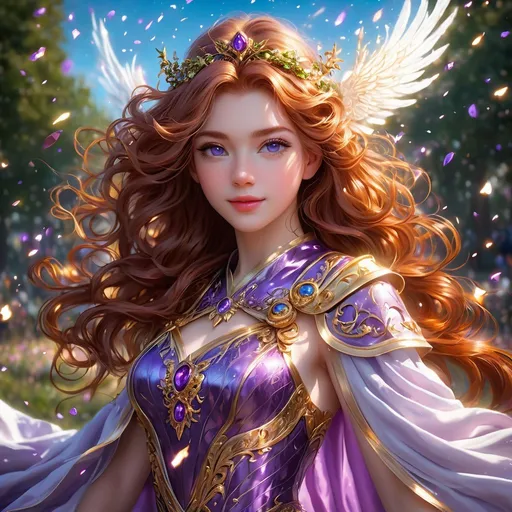 Prompt: Full body visible, oil painting, young 22 years old Human pale freckly girl, pale-skinned-female, ((beautiful detailed face and glowing anime purple eyes)), long auburn hair, rosy cheeks, sly grin, looking at the viewer, queen wearing Tyrian purple dress, raising her holy scepter to the sky, intricate hyper detailed hair, intricate hyper detailed eyelashes, intricate hyper detailed shining pupils, #3238, UHD, hd , 8k eyes, detailed face, big anime dreamy eyes, 8k eyes, intricate details, insanely detailed, masterpiece, cinematic lighting, 8k, complementary colors, golden ratio, octane render, volumetric lighting, unreal 5, artwork, concept art, cover, top model, light on hair colorful glamourous hyperdetailed ((Battlefield)) background, intricate hyperdetailed battlefield, ultra-fine details, hyper-focused, deep colors, dramatic lighting, ambient lighting god rays | by sakimi chan, artgerm, wlop, pixiv, tumblr, instagram, deviantart