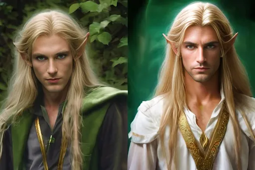 Prompt: ambiguious, lithe, elf-inspired man with long golden hair and emeral green eyes. he is ethereal.