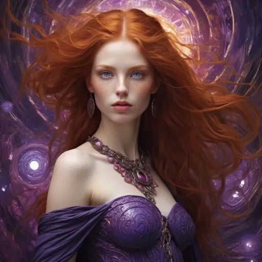 Prompt: divine redheaded fertility goddess, bright purple eyes, psychedelic landscape of infinite beauty, divine wisdom, (chaos given form by form in a state of chaos).