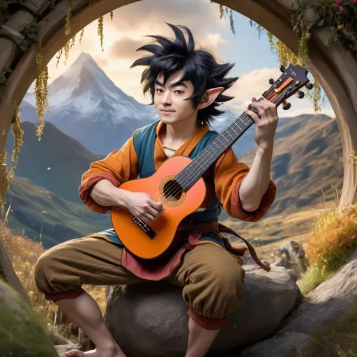 Prompt: Halfling bard resembling Goku, adventurous hobbit-inspired scene, detailed black hair, anime style, vibrant and whimsical colors, detailed musical instrument, dynamic pose, fantasy setting, highres, anime, hobbit, adventurous, vibrant colors, detailed hair, whimsical, musical instrument, dynamic pose, fantasy setting