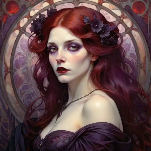 Prompt: Pale queen woman with dark red hair and deep purple eyes, gothic oil painting, haunting atmosphere, high quality, detailed facial features, vampire-inspired, dark tones, atmospheric lighting