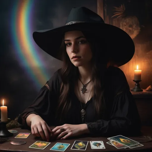 Prompt: Realistic depiction of a Texas country witch, dark and moody color palette, wide-brimmed hat, rainbows and black, rural country setting, tarot cards, realistic details, atmospheric lighting, high quality, realism, dark tones, witchy vibes, wide-brimmed hat, rural setting, tarot cards, moody lighting