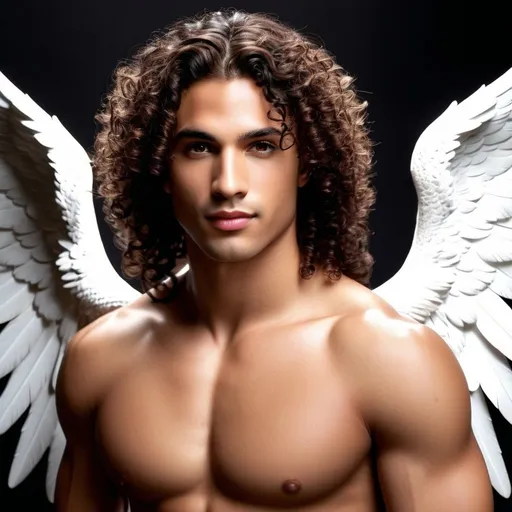 Prompt: Realistic book accurate Isaiah Tiberian. Isaiah is beautiful and handsome. He has tight brown curly hair, dark brown skin, and brown eyes. He has white angel wings. He has a magical thorn "halo" tattoo on his forehead which controls and binds his power and has a slave's mark on his wrist.