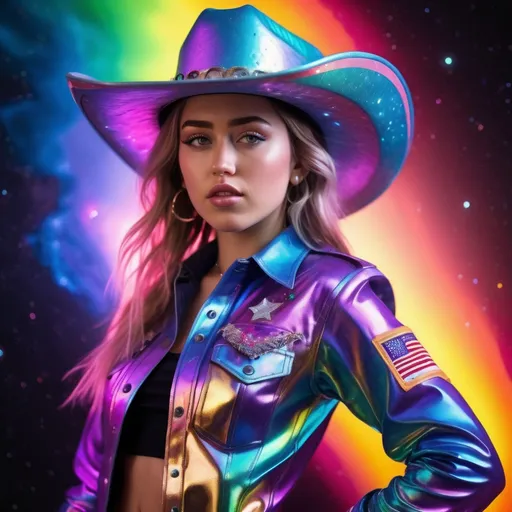 Prompt: Realistic space cosmic cowgirl in a trippy rainbow rave, iridescent, high-quality, realistic style, cosmic western, vibrant rainbow colors, psychedelic atmosphere, detailed cosmic scenery, professional lighting, realistic details, cosmic cowgirl outfit, space cowboy hat, iridescent effects, futuristic rave setting, cosmic cowboy attitude, cosmic cowgirl fashion, vivid colors, Miley cyrus