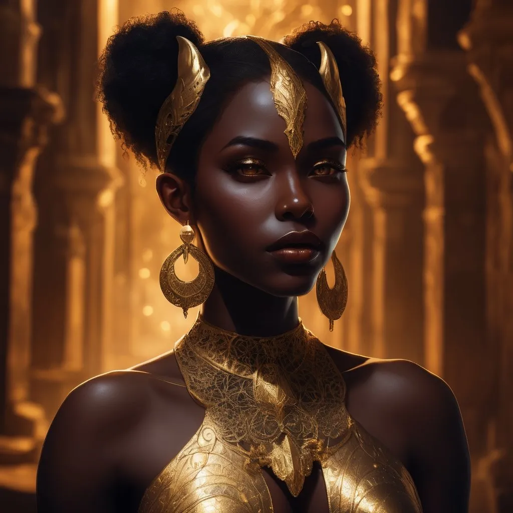 Prompt: Beautiful midnight skin black woman in fantasy setting, gold painted ears, high quality, fantasy, detailed features, ethereal lighting