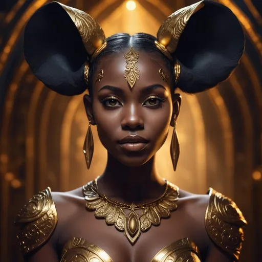 Prompt: Beautiful midnight skin black woman in fantasy setting, gold painted ears, high quality, fantasy, detailed features, ethereal lighting