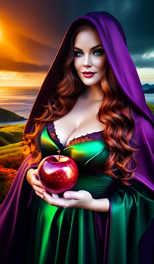 Prompt: Curvy goddess woman, long auburn waves, dark green dress and cloak, cloak hood pulled up, holding a red apple, pale freckled skin, amethyst eyes, enchanting, oil painting, detailed, highres, fantasy, ethereal lighting, enchanting gaze, mystical, magical, lush colors, flowing fabric, divine beauty