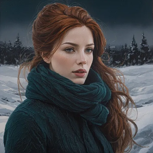 Prompt: Lev Lerch style painting, woman with auburn hair, deep teal winter dress, snowy winter setting, detailed facial features, oil painting, realistic, winter landscape, professional, highres, detailed hair, atmospheric lighting, deep colors, elegant, lev lerch will o the wisp painting