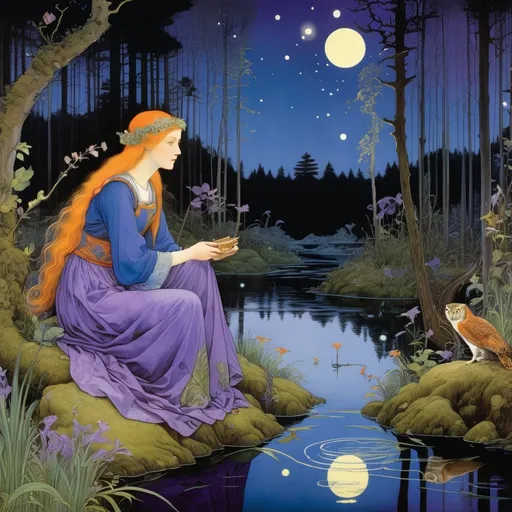 Prompt: Marianne Stokes, Masaaki Sasamoto, Carlos Schwabe, Virginia Frances Sterrett, Gustav Dore, Albrecht Durer: On a springs's night, a beautiful woman goes out to the cottagecore swampy wilderness to commune with the spirits of chaos and the cosmos, fireflies, horned owls, frogs and pixies, Mysterious, purple, detailed foliage