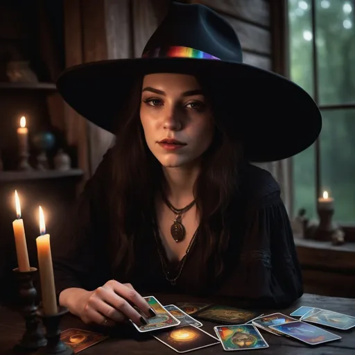 Prompt: Realistic depiction of a Texas country witch, dark and moody color palette, wide-brimmed hat, rainbows and black, rural country setting, tarot cards, realistic details, atmospheric lighting, high quality, realism, dark tones, witchy vibes, wide-brimmed hat, rural setting, tarot cards, moody lighting
