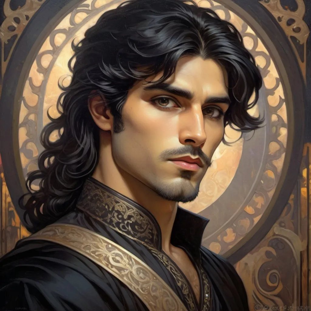 Prompt: Dark Persian prince with intense dark eyes, medium length black hair, big nose, handsome, prince of shadows, oil painting, detailed facial features, high quality, regal, moody lighting, detailed eyes, handsome, Persian features, dark prince, medium-length black hair, intense gaze, atmospheric, regal, oil painting, detailed facial features, professional, dark beard, regal, medium tone skin