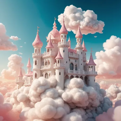 Prompt: Cloud castle floating in the sky, ethereal and majestic, fantasy 3D rendering, fluffy white clouds swirling, intricate and grand architecture, vibrant and dreamy color palette, soft and warm sunlight, high quality, fantasy, 3D rendering, ethereal, majestic, grand architecture, vibrant colors, warm lighting
