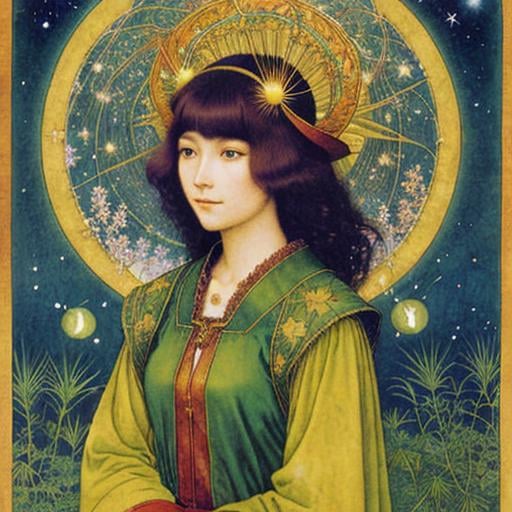 Prompt: Marianne Stokes, Masaaki Sasamoto, Carlos Schwabe, Virginia Frances Sterrett, Gustav Dore, Albrecht Durer: On a springs's night, a beautiful woman goes out to the cottagecore swampy wilderness to commune with the spirits of chaos and the cosmos, fireflies, horned owls, frogs and pixies, Mysterious, purple, detailed foliage