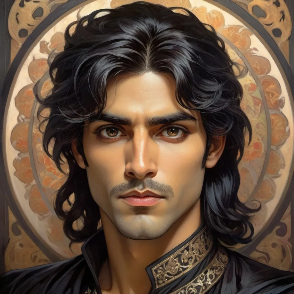 Prompt: Dark Persian prince with intense dark eyes, medium length black hair, big nose, handsome, prince of shadows, oil painting, detailed facial features, high quality, regal, moody lighting, detailed eyes, handsome, Persian features, dark prince, medium-length black hair, intense gaze, atmospheric, regal, oil painting, detailed facial features, professional, dark beard, regal, medium tone skin