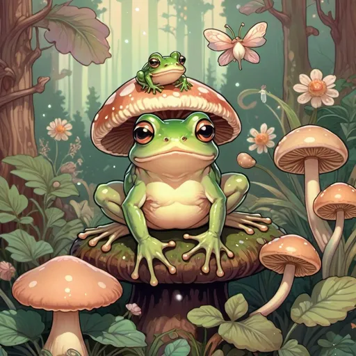Prompt: Cute pixel art of a frog sitting next to a mushroom while a fairy flies around, fairycore, cottagecore, nostalgic, tumblrcore, detailed foliage, warm and cozy lighting, pastel tones, high quality, pixel art, fairycore atmosphere, nostalgic vibes, cozy cottagecore setting, cute frog design, detailed mushroom frog and fairy friend kawaii fairy
