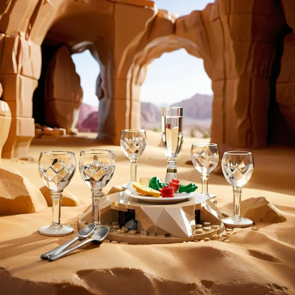 Prompt: Lunch meal in a desert cave, crystal table, crystal goblets, shining, warm light, high quality, crystal-like rendering, warm tones, atmospheric lighting, detailed cave walls, luxurious setting