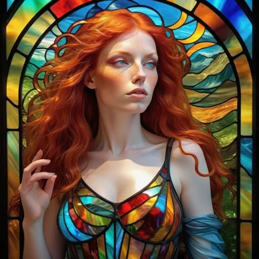 Prompt: divine redheaded godess, psychedelic landscape of infinite beauty, divine wisdom, (chaos given form by form in a state of chaos).