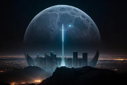 Prompt: Crystal city on the moon, futuristic, night sky, moonlit landscape, high quality, detailed 3D rendering, sci-fi, fantasy, moonlit, glass skyscrapers, lunar landscape, ethereal glow, glowing city lights, lunar horizon, starry sky, futuristic architecture, cool tones, atmospheric lighting, otherworldly