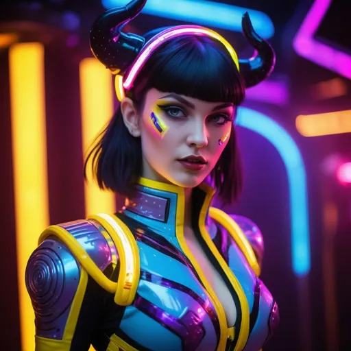 Prompt: Realistic portrayal of Faye Valentine at a space rave, cosmic cowgirl outfit, glowing neon lights, detailed facial features, high quality, realism, cosmic theme, vibrant colors, futuristic setting, intricate costume design, professional lighting