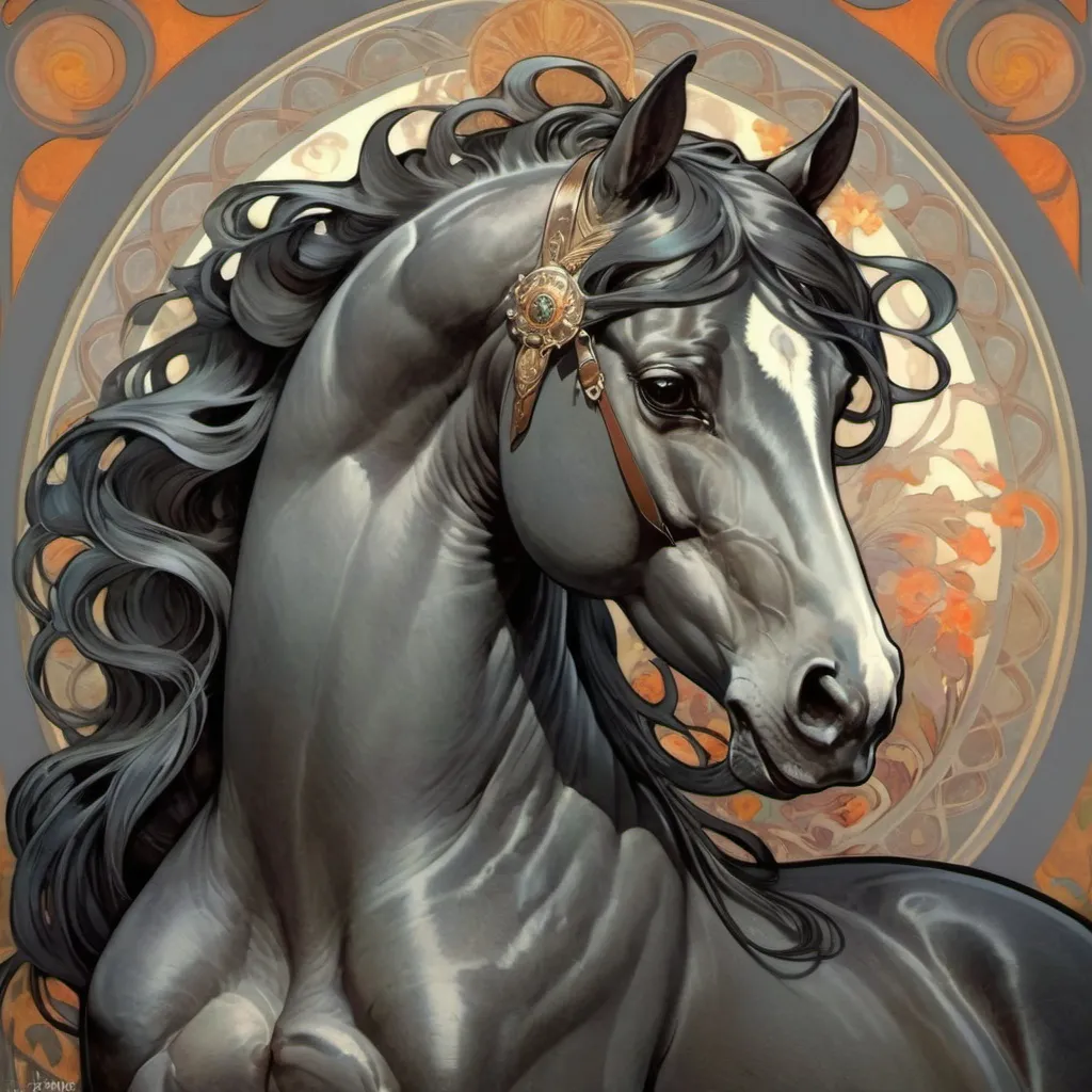 Prompt: Alphonse Mucha Style,,dark grey horse majestic,,<lora:Alphonse Mucha Style:1>