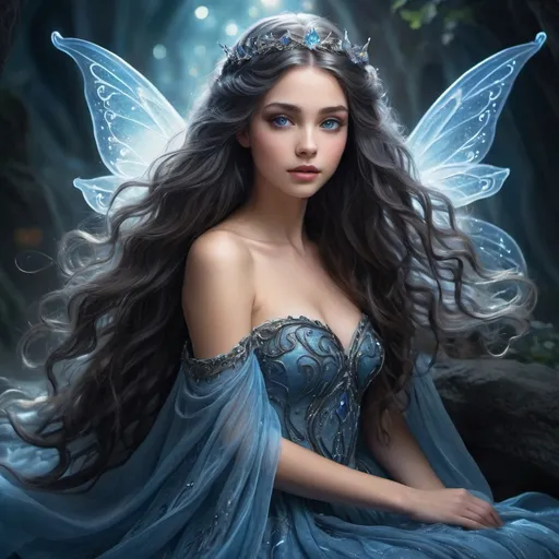 Prompt: Beautiful fairy princess with blue-black waves, radiant and ethereal, high-quality, fantasy, detailed eyes, flowing gown, magical aura, enchanting atmosphere, fairy-tale, dreamy, mystical, elegant, atmospheric lighting, fantasy art, long flowing hair, ethereal beauty, princess, fairy, detailed hair, magical, enchanting, detailed, high quality