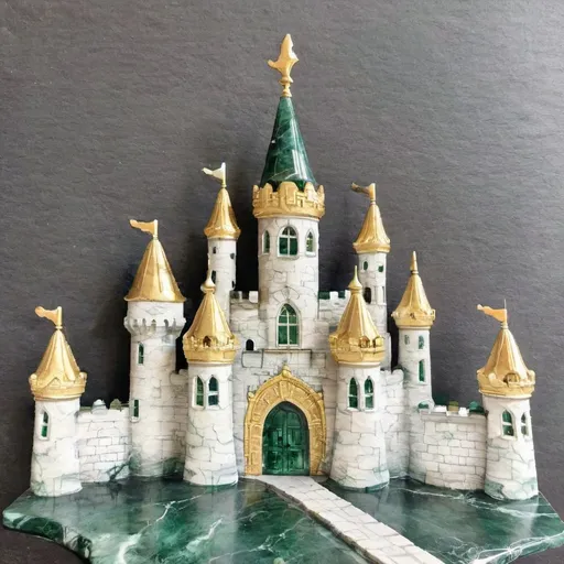 Prompt: Ornate castle, made of dark green marble, gold embellishments, opulent, luxurious, fantasy, grand, majestic, regal, detailed, high quality, grand lighting, dark tones, professional, fantasy, dark green marble construction