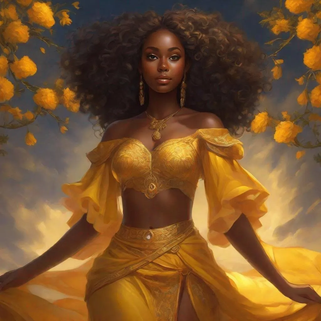 Prompt: Full body visible, oil painting, young 27 years old Human Black woman, black-skinned-female, ((beautiful detailed face and glowing anime chocolate eyes)), long glossy, coily hair, rosy cheeks, sly grin, looking at the viewer, sorceress wearing marigold yellow dress, raising her holy scepter to the sky, intricate hyper detailed hair, intricate hyper detailed eyelashes, intricate hyper detailed shining pupils, #3238, UHD, hd , 8k eyes, detailed face, big anime dreamy eyes, 8k eyes, intricate details, insanely detailed, masterpiece, cinematic lighting, 8k, complementary colors, golden ratio, octane render, volumetric lighting, unreal 5, artwork, concept art, cover, top model, light on hair colorful glamourous hyperdetailed ((moonlit)) background, intricate hyperdetailed battlefield, ultra-fine details, hyper-focused, deep colors, dramatic lighting, ambient lighting god rays | by sakimi chan, artgerm, wlop, pixiv, tumblr, instagram, deviantart