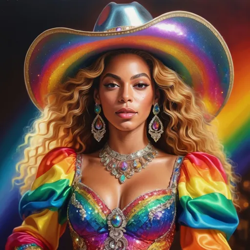 Prompt: Renaissance rainbow cowgirl portrait, vibrant oil painting, Beyoncé-inspired, elaborate rainbow gown, glittering disco ball earrings, 4k, high-detail, Renaissance, vibrant colors, disco, detailed facial features, atmospheric lighting