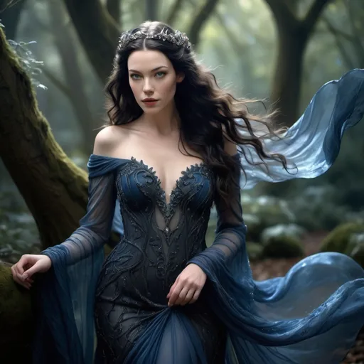 Prompt: Beautiful fairy princess with blue-black waves, ethereal and enchanting, flowing gown with intricate details, magical woodland setting, glowing ethereal lighting, high quality, fantasy, elegant, ethereal, blue-black waves, flowing gown, magical woodland, enchanting, princess, Liv Tyler, Arwen, detailed facial features, atmospheric lighting