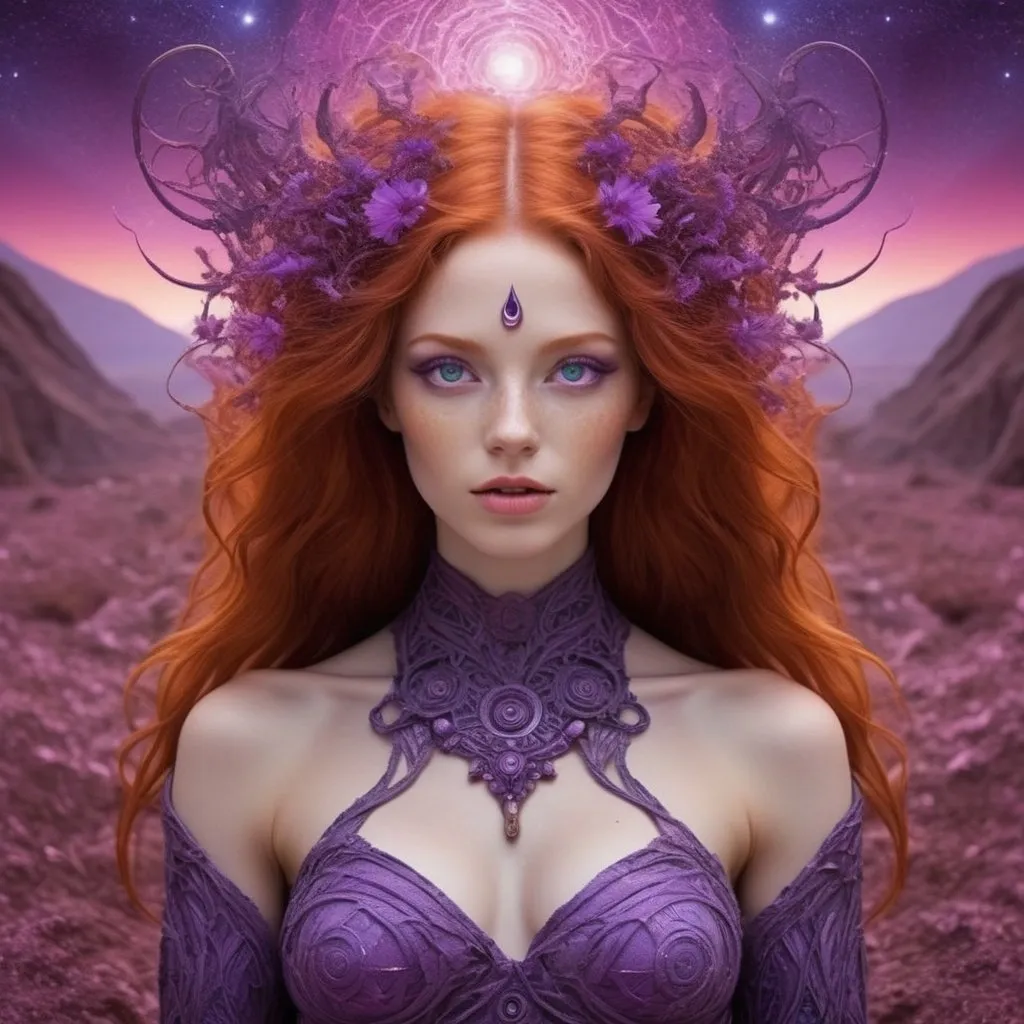 Prompt: divine redheaded fertility goddess, bright purple eyes, psychedelic landscape of infinite beauty, divine wisdom, (chaos given form by form in a state of chaos).