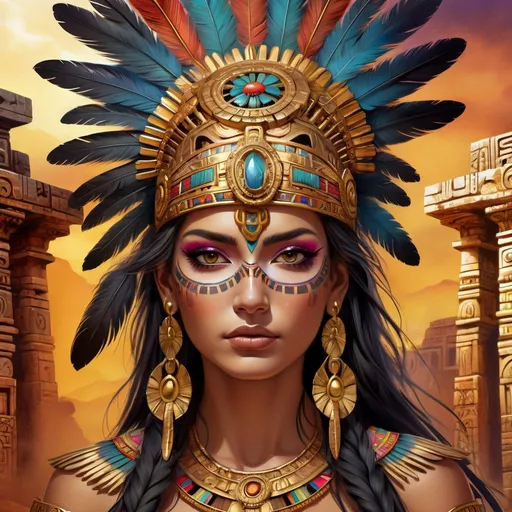 Prompt: Mexican gothic goddess in Aztec Mayan setting, intricate gold jewelry, traditional feathered headdress, mystical aura, ancient ruins in the background, high quality, digital painting, vibrant colors, dramatic lighting, detailed facial features, ornate body tattoos, powerful and majestic, ancient civilization, vivid colors, mystical atmosphere