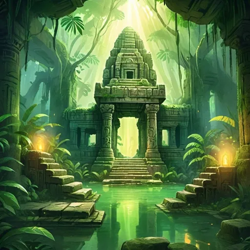 Prompt: Magic golden glowing hot spring in lush jungle temple ruins, vibrant green foliage, ancient mystical aura, high quality, digital painting, fantasy, vibrant green tones, glowing magical light, atmospheric ruins, detailed texture, mystical ambiance, jungle setting, ancient architecture, vibrant and unique, detailed reflections, magical atmosphere, professional, atmospheric lighting