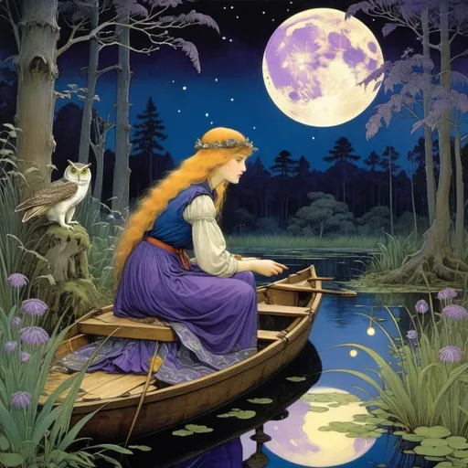 Prompt: Marianne Stokes, Masaaki Sasamoto, Carlos Schwabe, Virginia Frances Sterrett, Gustav Dore, Albrecht Durer: On a springs's night, a beautiful woman goes out to the cottagecore swampy wilderness to commune with the spirits of nature and light, fireflies, horned owls, frogs and pixies, Mysterious, purple moon, detailed foliage