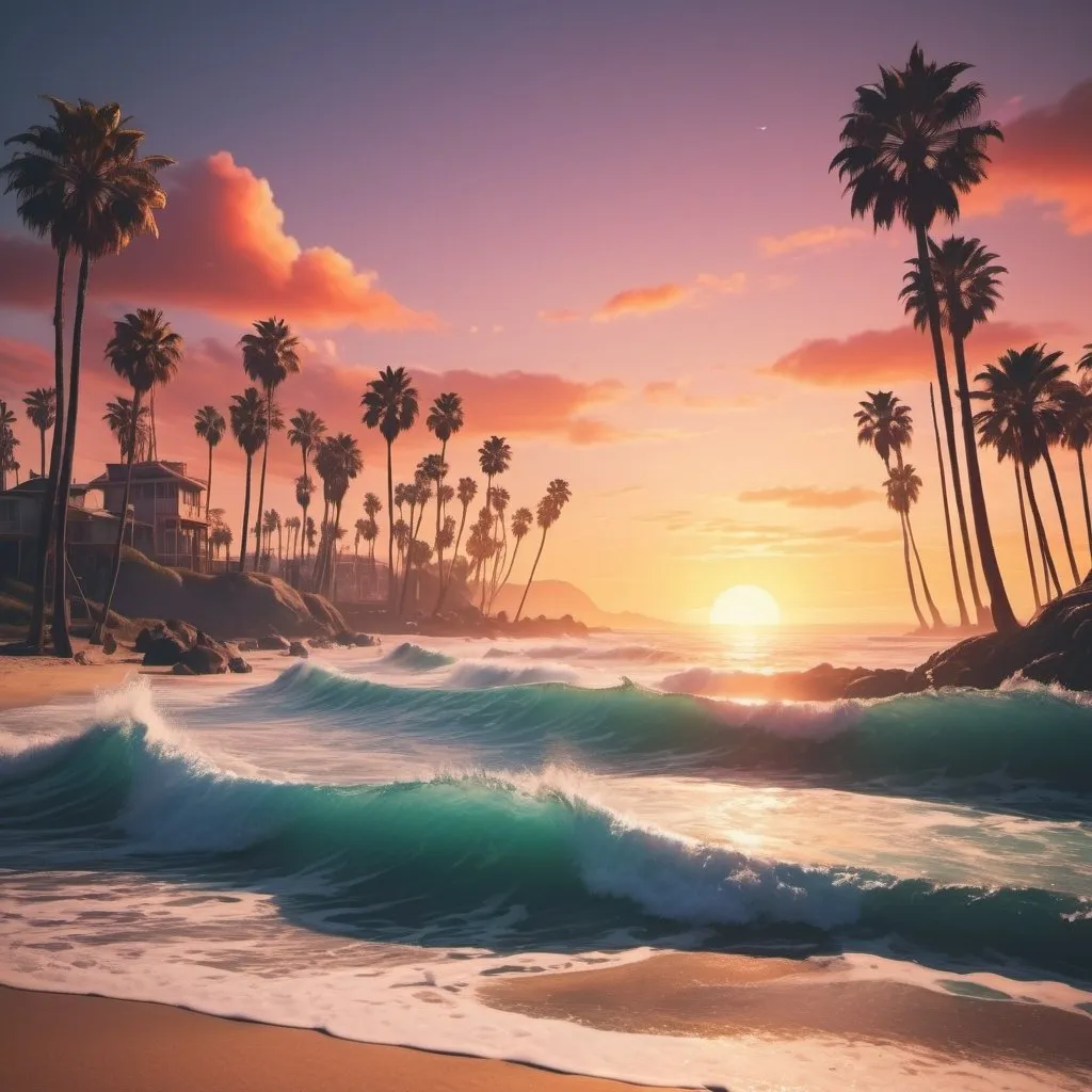 Prompt: in retro California vibes can you please create a sunset beach scene with barreling waves in the background, fantasy world
