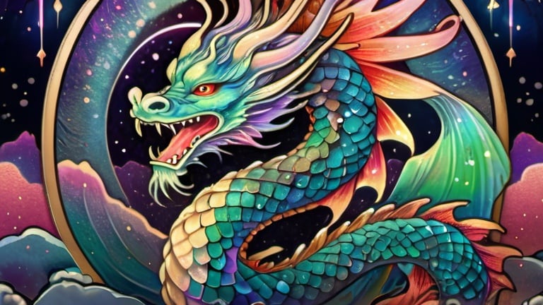 Prompt: Japanese dragon in the style of traditional Japanese art, vibrant aurora borealis in the background, intricate dragon scales, mythical creature, colorful and dynamic, high quality, traditional art style, vibrant colors, aurora borealis, detailed scales, mythical, Japanese art, breathtaking lighting, flying through the night sky