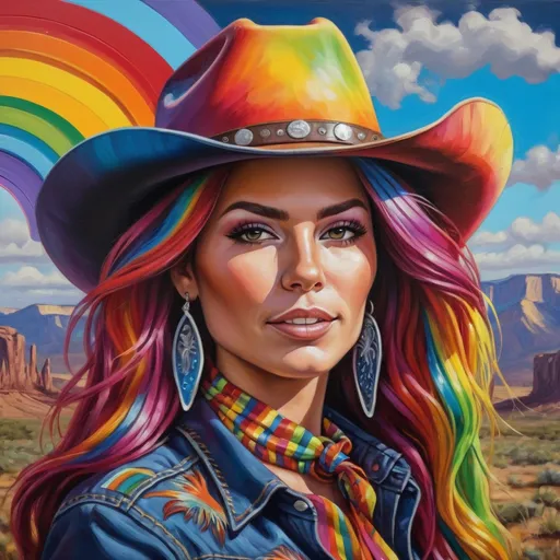 Prompt: Groovy rainbow black cowgirl, vibrant oil painting, wild west theme, psychedelic colors, flowing rainbow hair, confident pose, detailed facial features, high quality, vibrant oil painting, wild west, psychedelic colors, rainbow hair, confident pose, detailed facial features, groovy