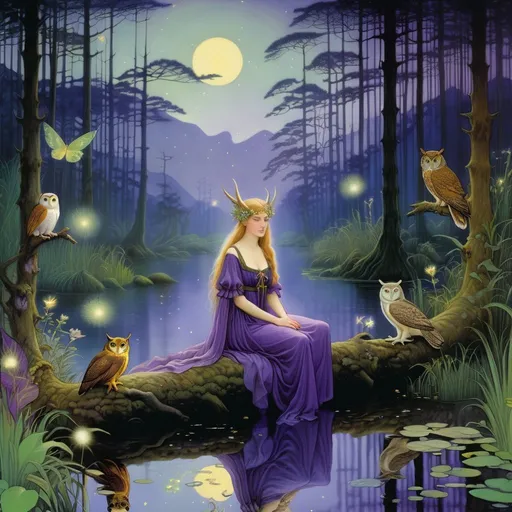 Prompt: Marianne Stokes, Masaaki Sasamoto, Carlos Schwabe, Virginia Frances Sterrett, Gustav Dore, Albrecht Durer: On a springs's night, a beautiful woman goes out to the cottagecore swampy wilderness to commune with the spirits of chaos and the cosmos, fireflies, horned owls, frogs and pixies, Mysterious, purple, detailed foliage