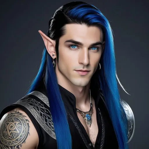 Prompt: Realistic book accurate Ruhn Danaan. Elf male with long Skrillex style hair and tattoos. Ruhn has golden skin, blue eyes, and several piercings including a silver hoop through his lower lip and a line of rings in one arched ear. His straight hair is raven-black and falls to his waist, save for one shaved side, which is buzzed.