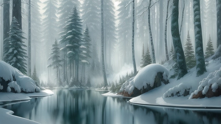 Prompt: Winter forest with snowy landscape, thick canopy of trees with light, smooth bark, dense green leaves, turquoise creek cutting through, steam rising from water, serene, high quality, realistic, detailed, winter scenery, tranquil, cool tones, natural lighting