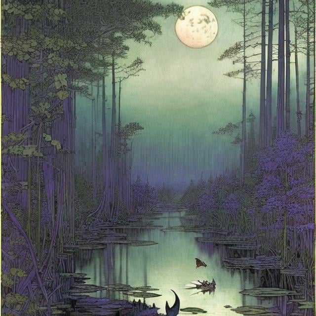 Prompt: Marianne Stokes, Masaaki Sasamoto, Carlos Schwabe, Virginia Frances Sterrett, Gustav Dore, Albrecht Durer: On a springs's night, a beautiful woman goes out to the cottagecore swampy wilderness to commune with the spirits of chaos and the cosmos, fireflies, horned owls, frogs and pixies, Mysterious, purple, detailed foliage